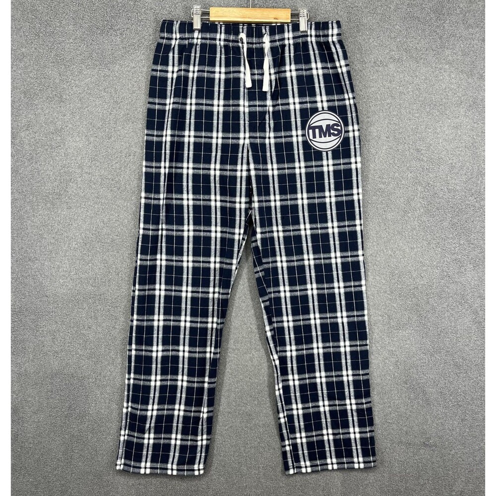 District‎ Pajama Pants Mens Medium Navy Plaid Flannel Lounge Drawstring TMS Logo